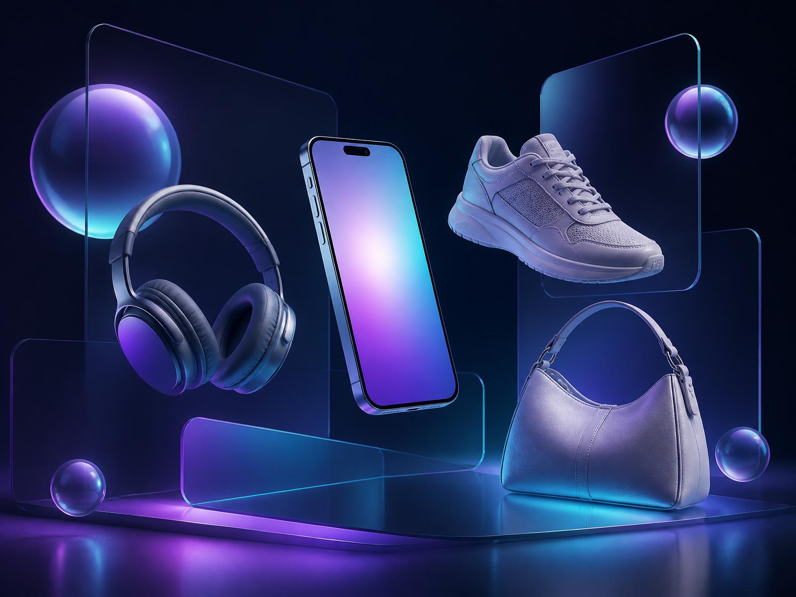 Featured ShopeTube products floating on glass panels